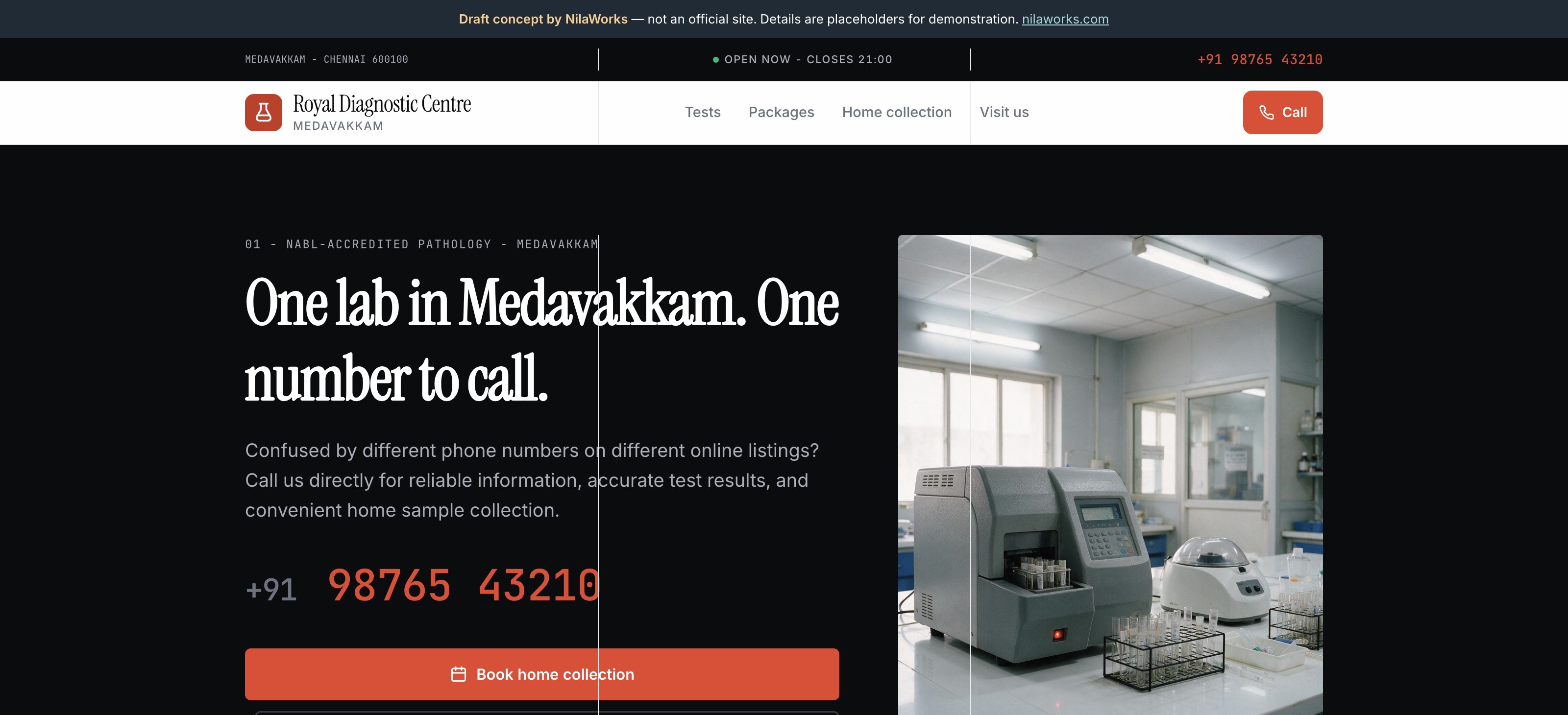 Speculative concept page for Royal Diagnostic Centre, a pathology lab in Medavakkam